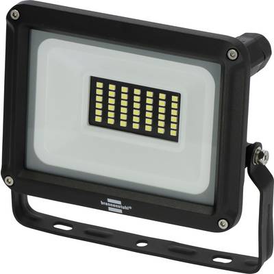 Schwarze LED-Flutlichtleuchte mit Montageklammer und zentralem LED-Panel, gezeigt in einem produktstilisierten Foto auf weißem Hintergrund.
