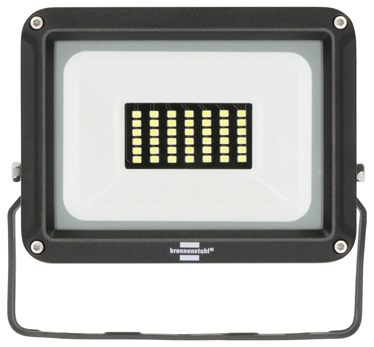 Schwarzer LED-Flutlicht mit rechteckigem Gehäuse, zentrales LED-Gitter und U-förmige Halterung auf weißem Hintergrund