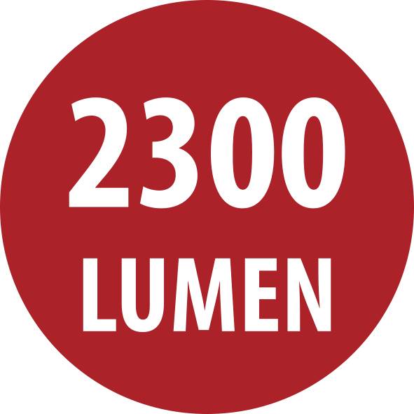 Rotes kreisförmiges Etikett mit weißem Text „2300 LUMEN", das die Lichtstärke angibt.