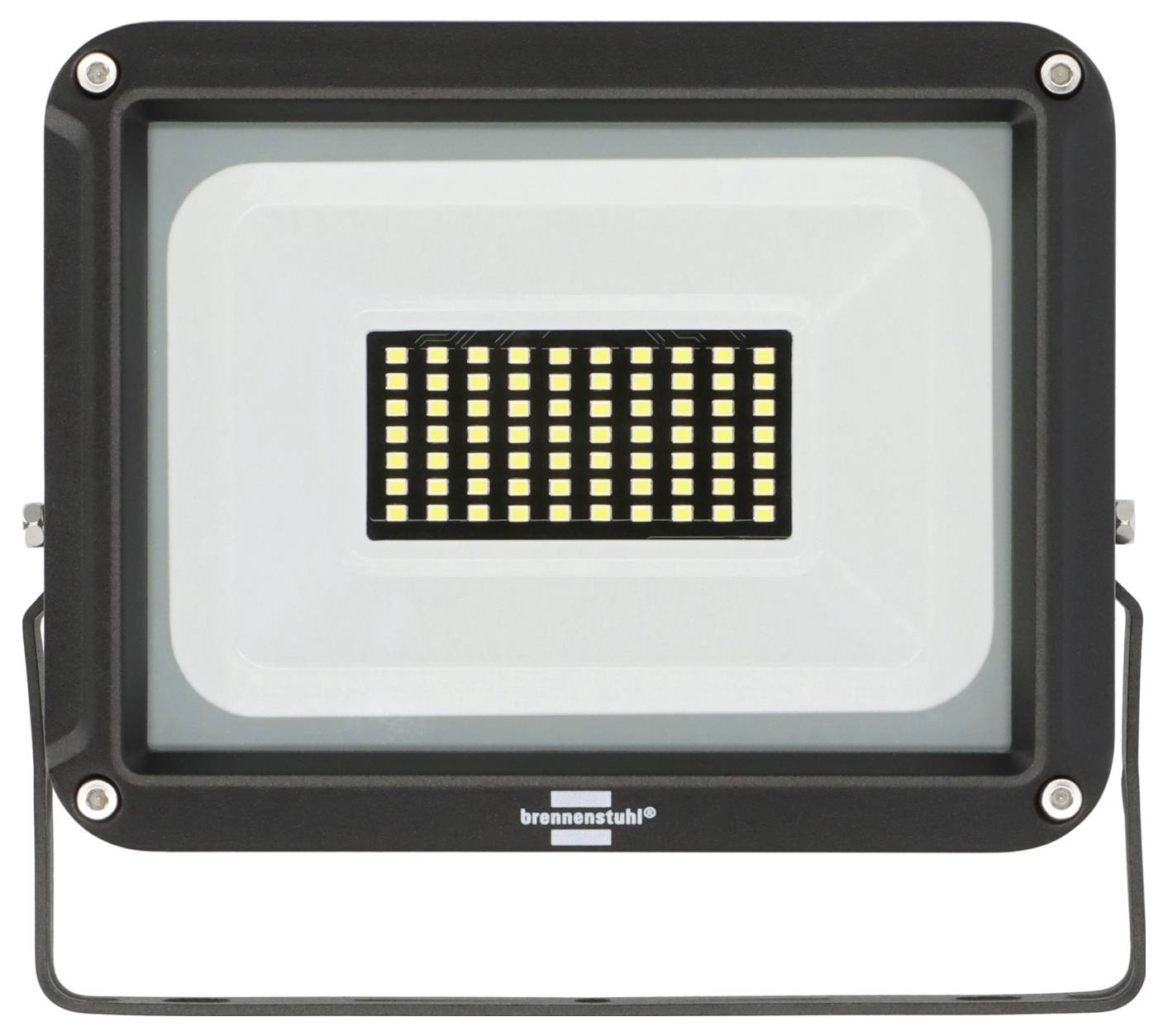 Schwarzer LED-Flutlichtstrahler mit rechteckigem Reflektor und Metallrahmen auf einem Ständer, Vorderansicht dargestellt.