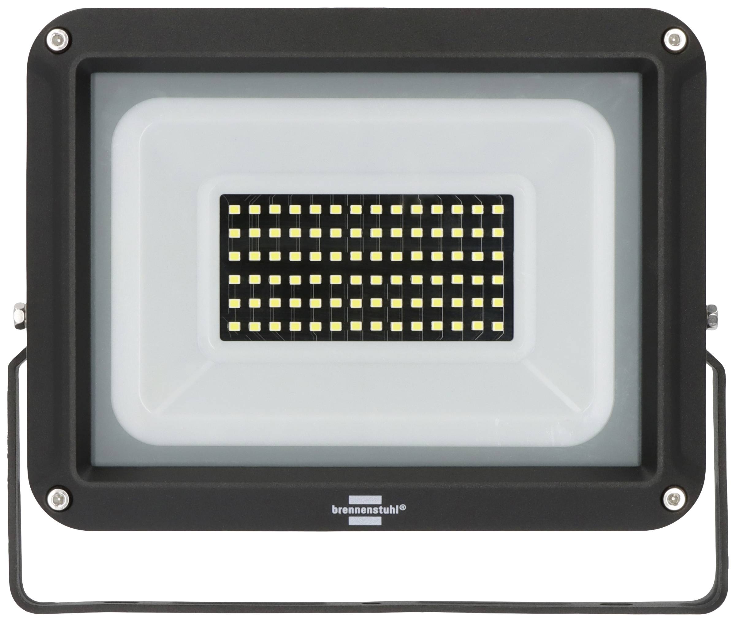 Ein rechteckiger LED-Strahler mit schwarzem Rahmen von Brennenstuhl, zeigt viele kleine, gelbliche LEDs in einer rechteckigen Anordnung.