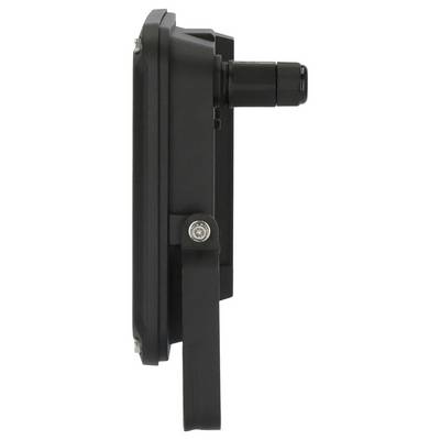 Seitenansicht eines schwarzen, an der Wand befestigten elektronischen Geräts mit einem zylindrischen, hervorstehenden Stecker oder Objektiv, das vor weißem Hintergrund dargestellt ist.