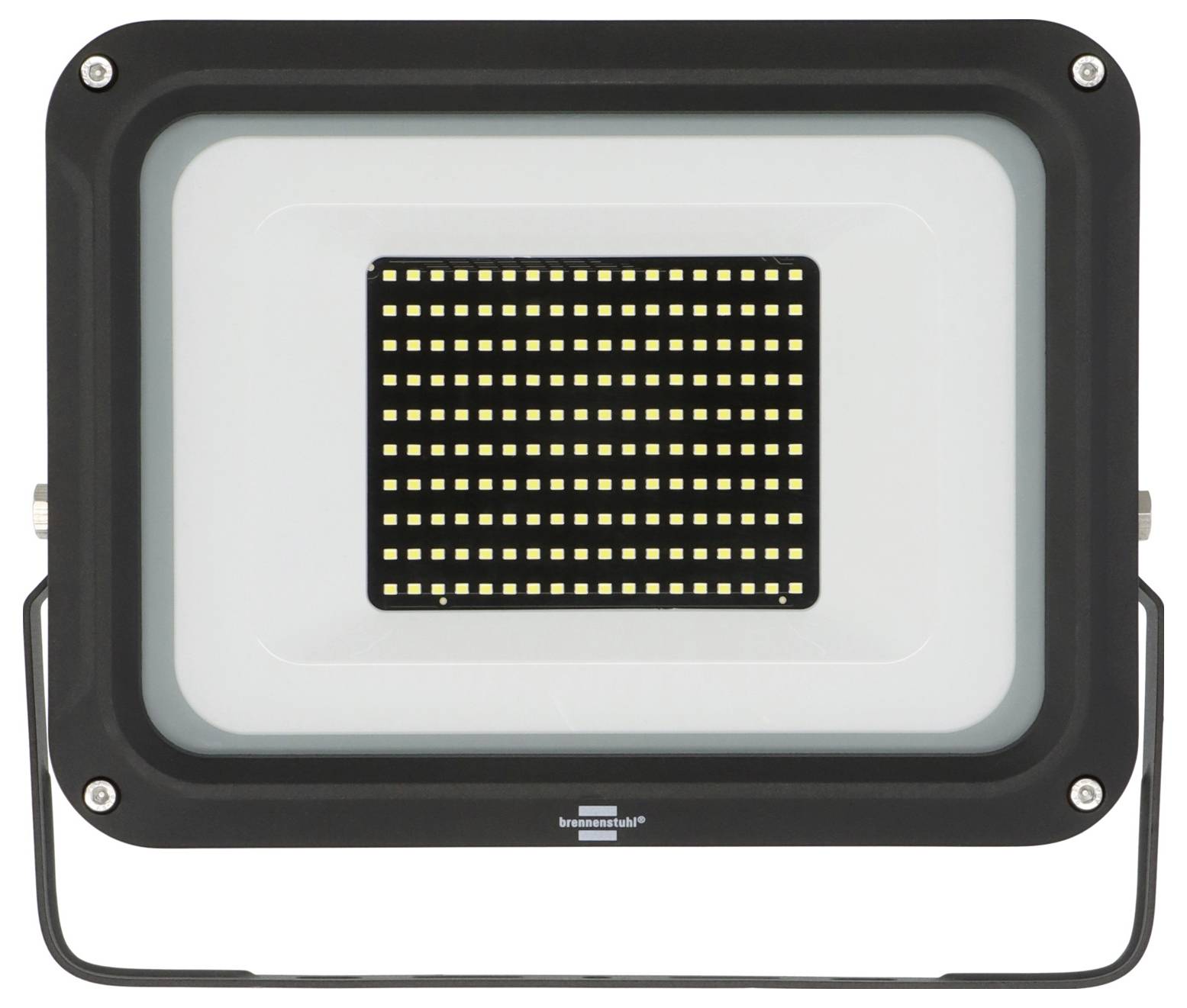 Frontansicht eines rechteckigen LED-Flutlichts mit schwarzem Gehäuse und weißem Lichtfeld, gezeigt auf einfachem Hintergrund.