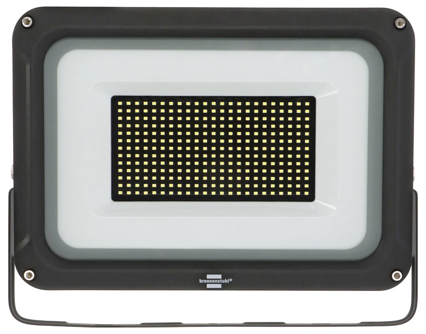 Vorderansicht einer rechteckigen schwarzen LED-Flutlichtern mit einem zentralen Gitter aus kleinen gelben LEDs auf weißem Hintergrund.