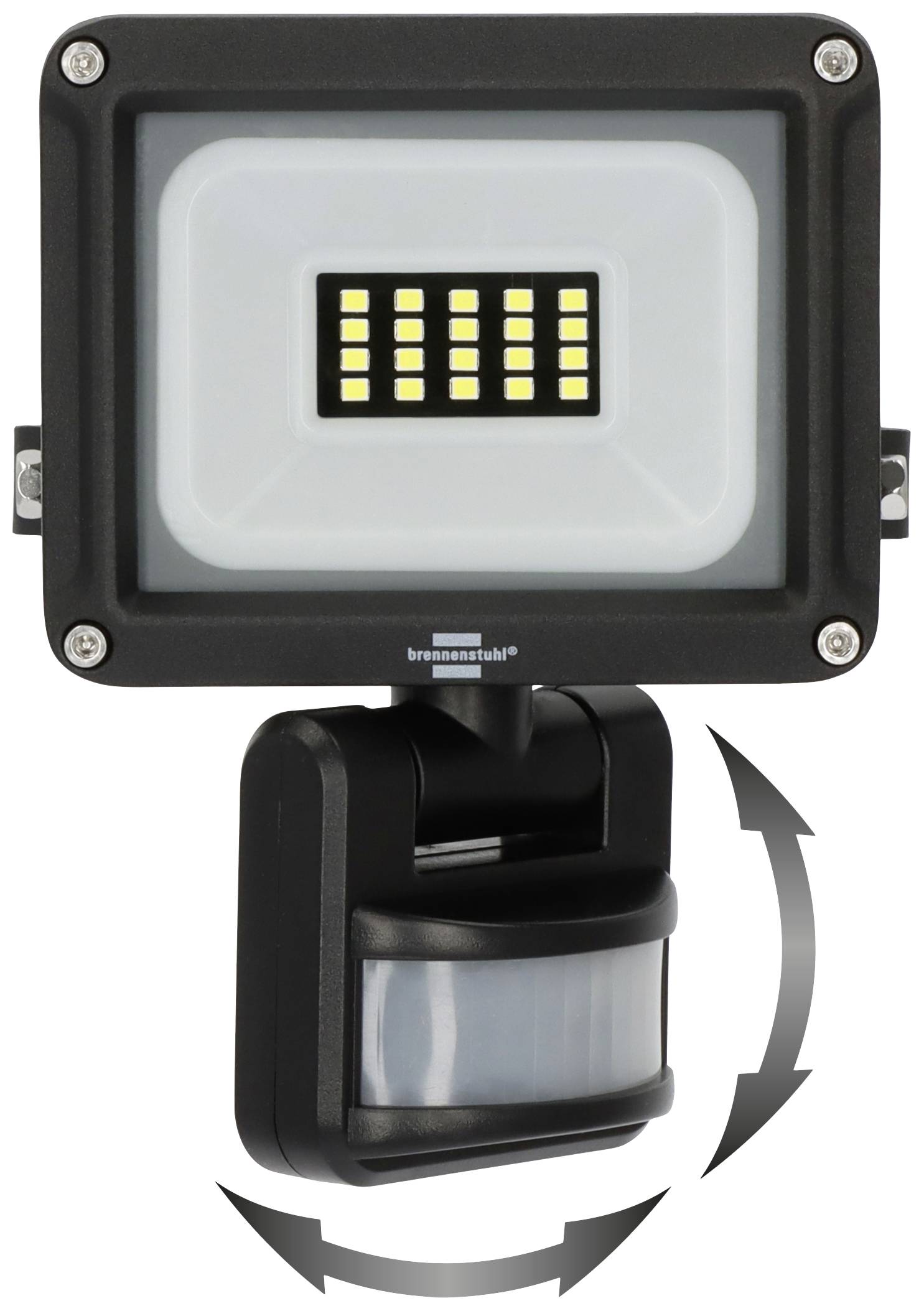 Schwarzer LED-Strahler mit Bewegungsmelder. Rechteckiges Design, zeigt LED-Panel mit mehreren Leuchtenreihen. Bewegungsmelder unten.