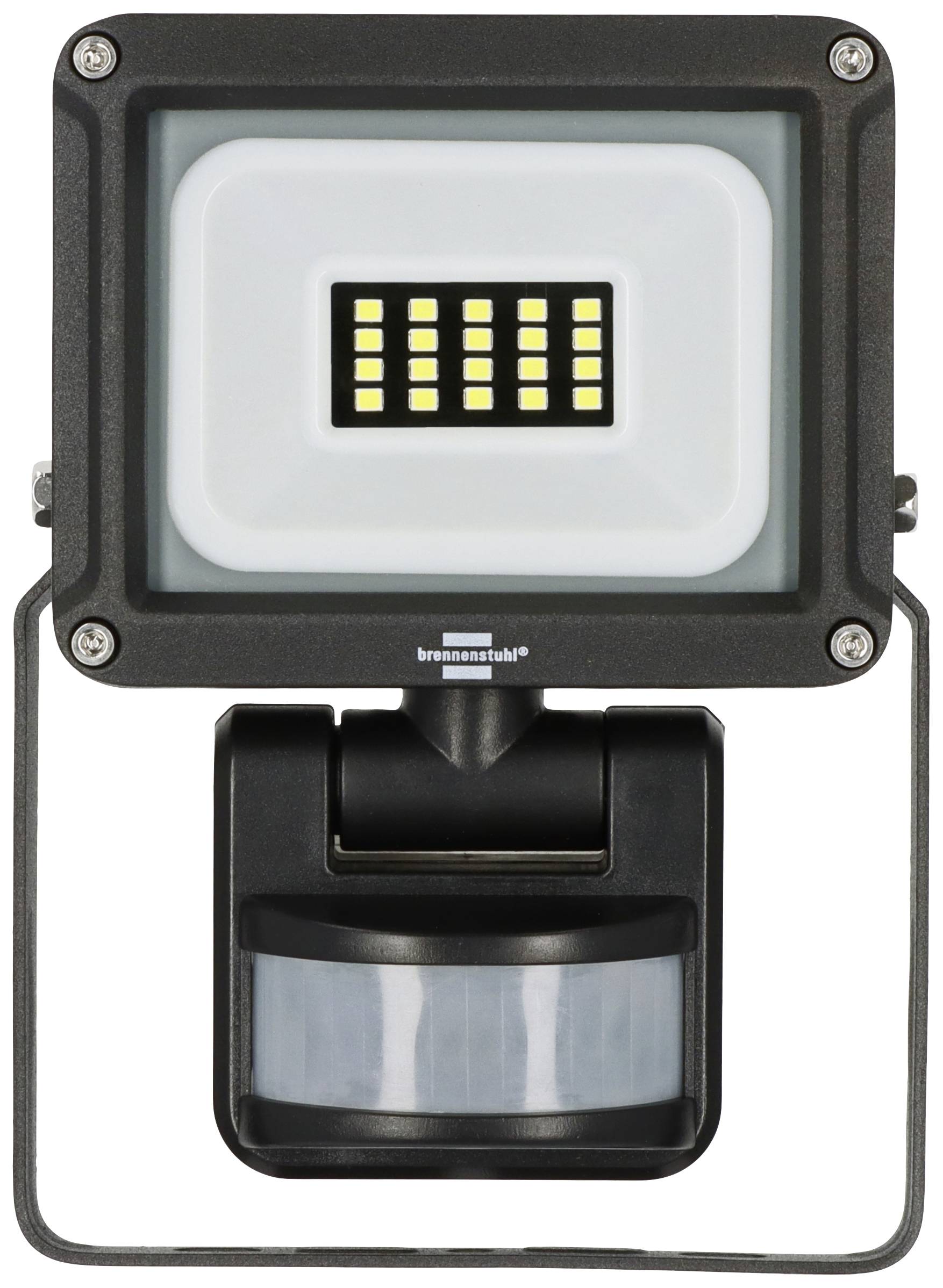 LED-Strahler mit Bewegungsmelder, rechteckiges Design, 12 gelbe Leuchtdioden, schwarzes Gehäuse, montierbar an Wand oder Decke.