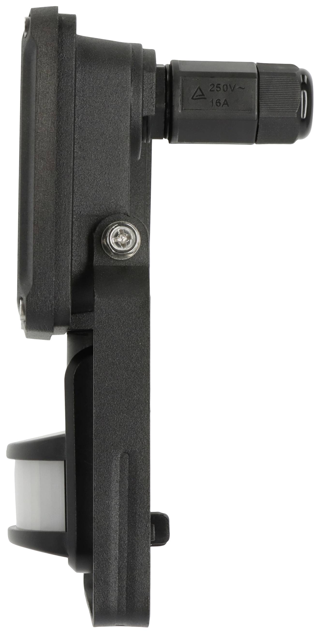 Bewegungsmelder seitlich, schwarzes Gehäuse, geeignet für Wandmontage, mit erkennbarem Sensorbereich und Anschlussklemme oben.