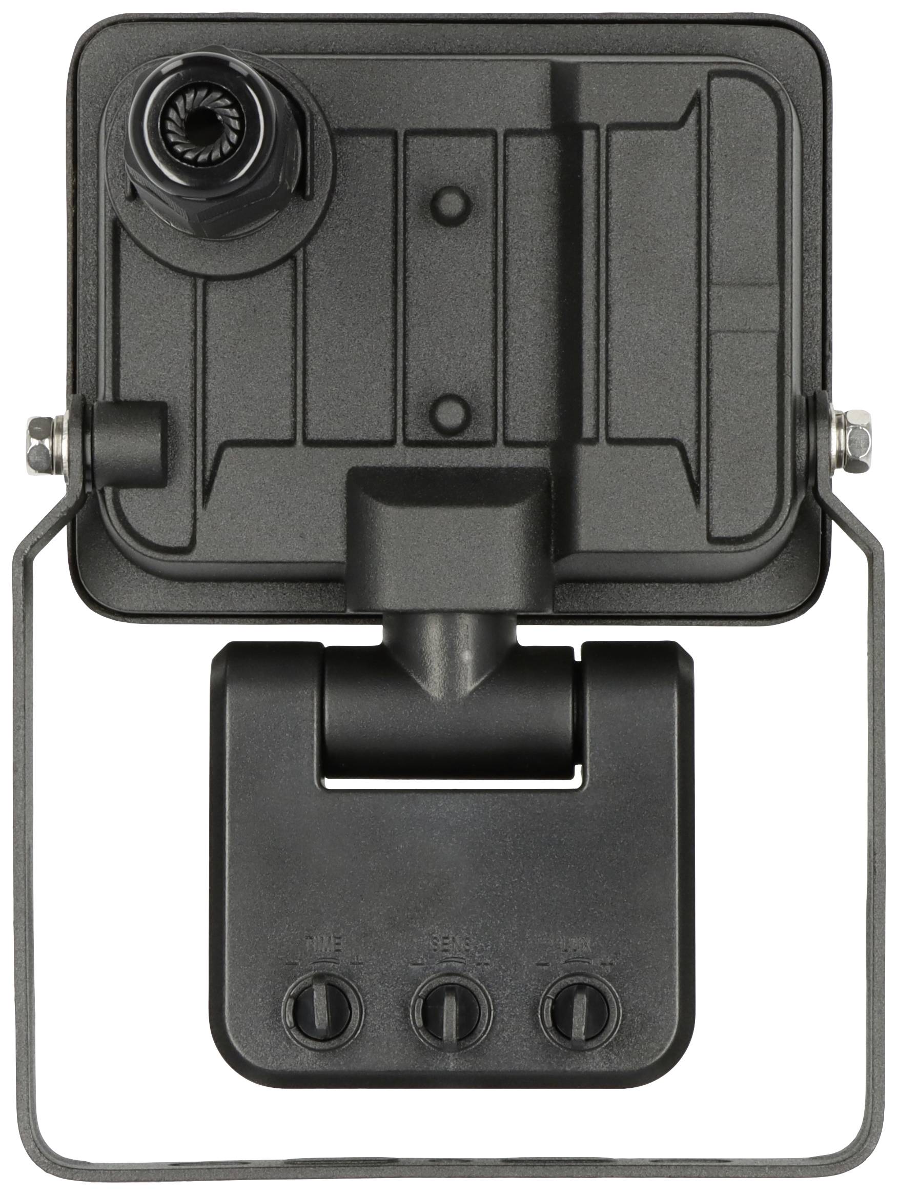 Schwarzer LED-Strahler mit verstellbarem Standfuß und drei Bedienelementen unten. Rückansicht zeigt technische Details.