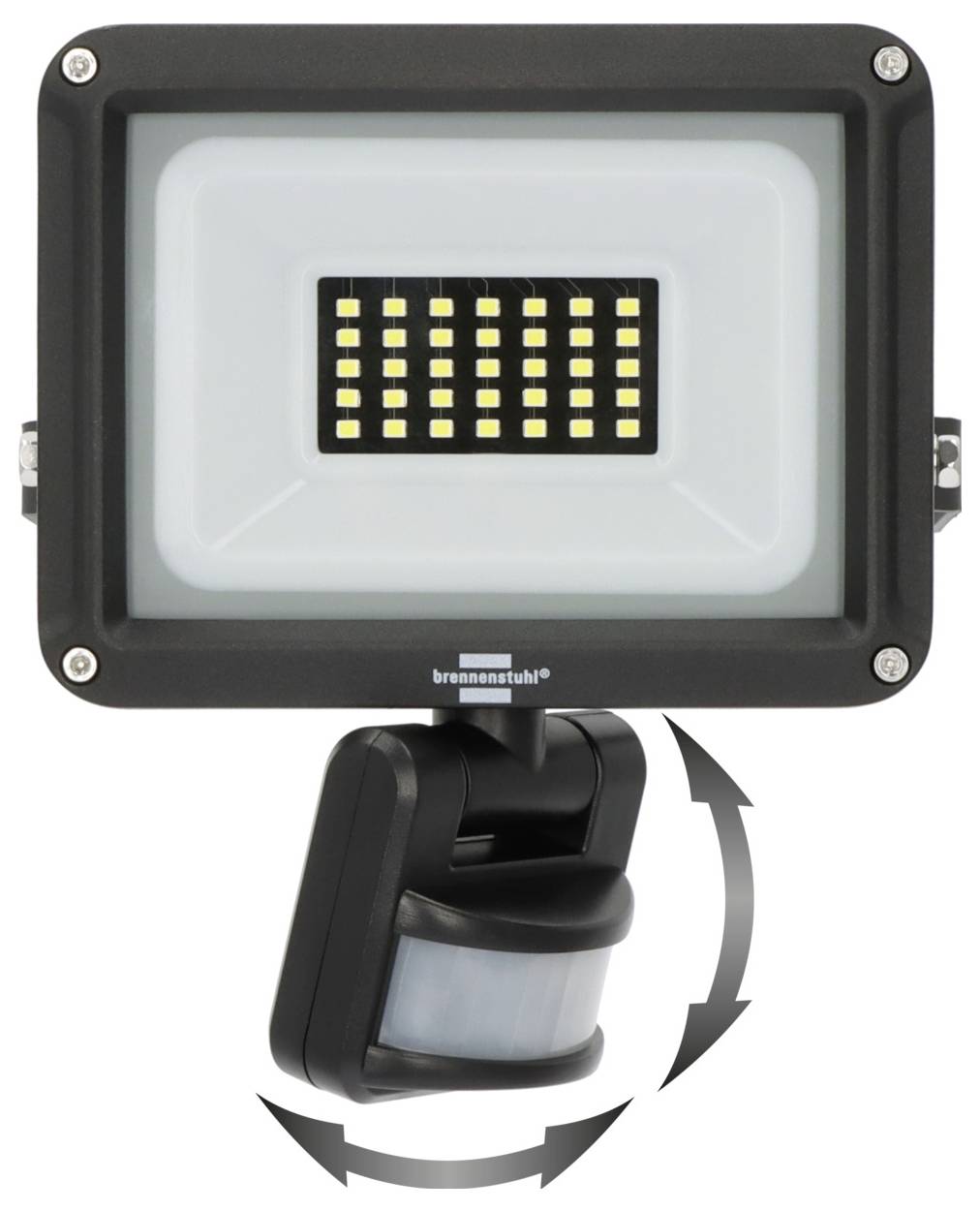 LED-Flutlicht mit Bewegungsmelder, dargestellt mit einer drehbaren verstellbaren Halterung zur Winkelposititionierung.