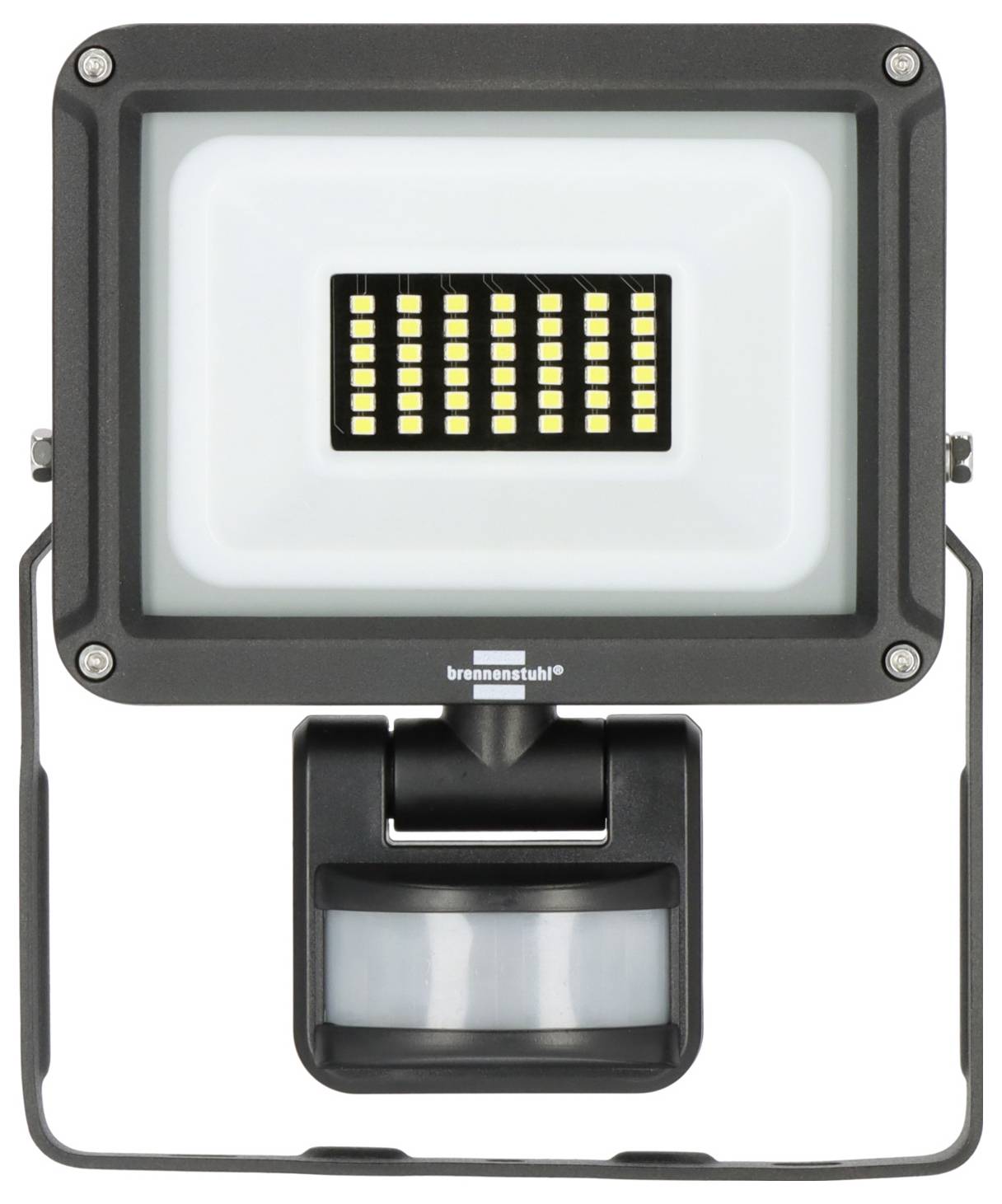 Schwarze LED-Flutlicht mit angebrachtem Bewegungsmelder auf einem U-förmigen Ständer, vor weißem Hintergrund gezeigt.