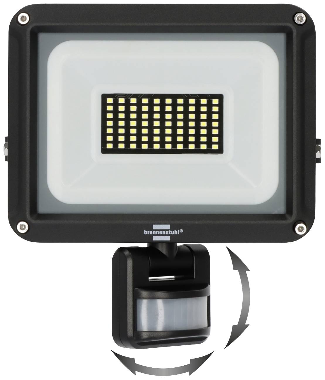 LED-Flutlicht mit Bewegungssensor, rechteckig, schwarz, zeigt ein Array von LEDs in der Mitte und einen schwenkbaren Sensor darunter.