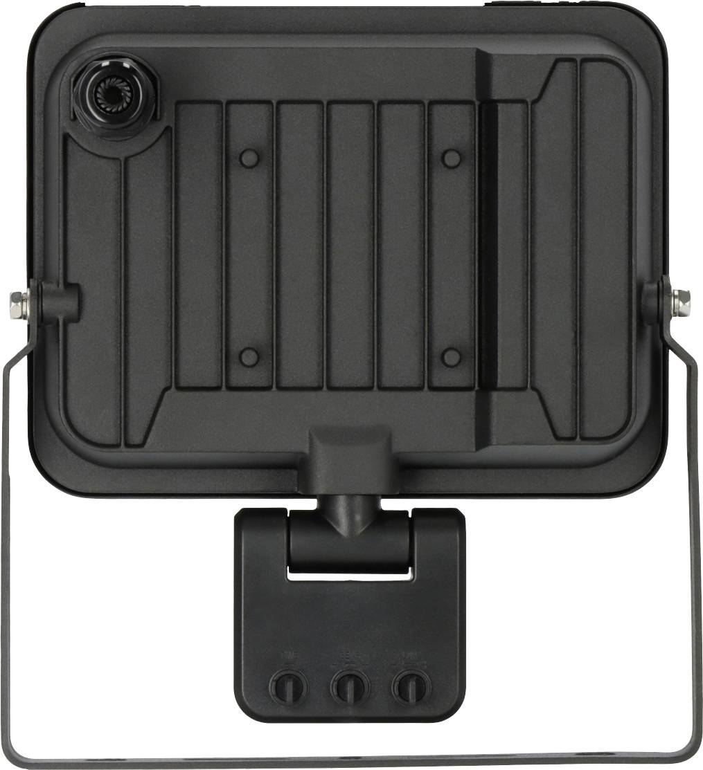 Ein quadratischer schwarzer Scheinwerfer mit geripptem Muster auf der Rückseite und verstellbarer Halterung.