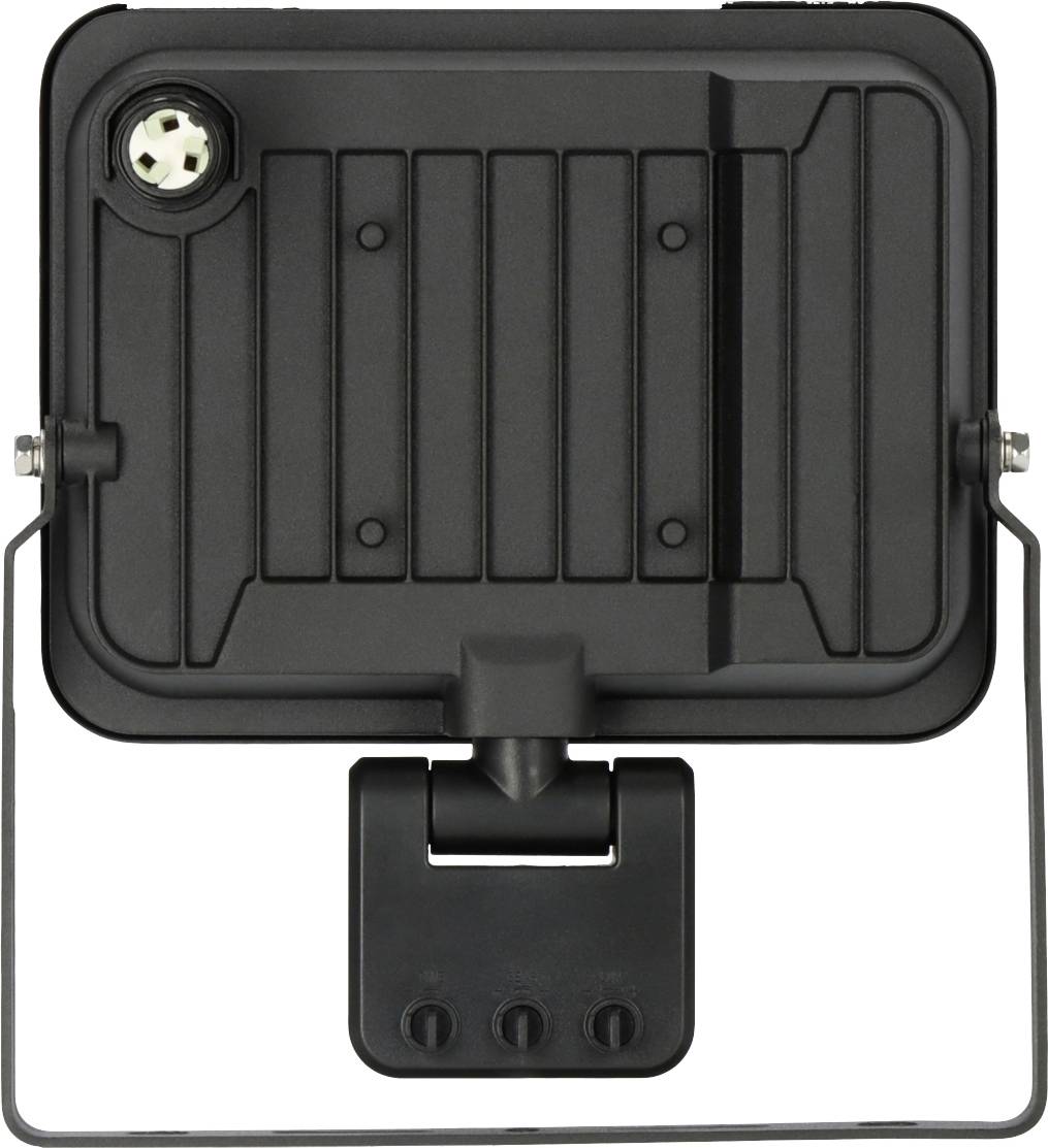 Ein schwarzer LED-Strahler in Rechteckform mit verstellbarer Halterung. Die Vorderseite zeigt die strukturierte Kühlfläche des Geräts.