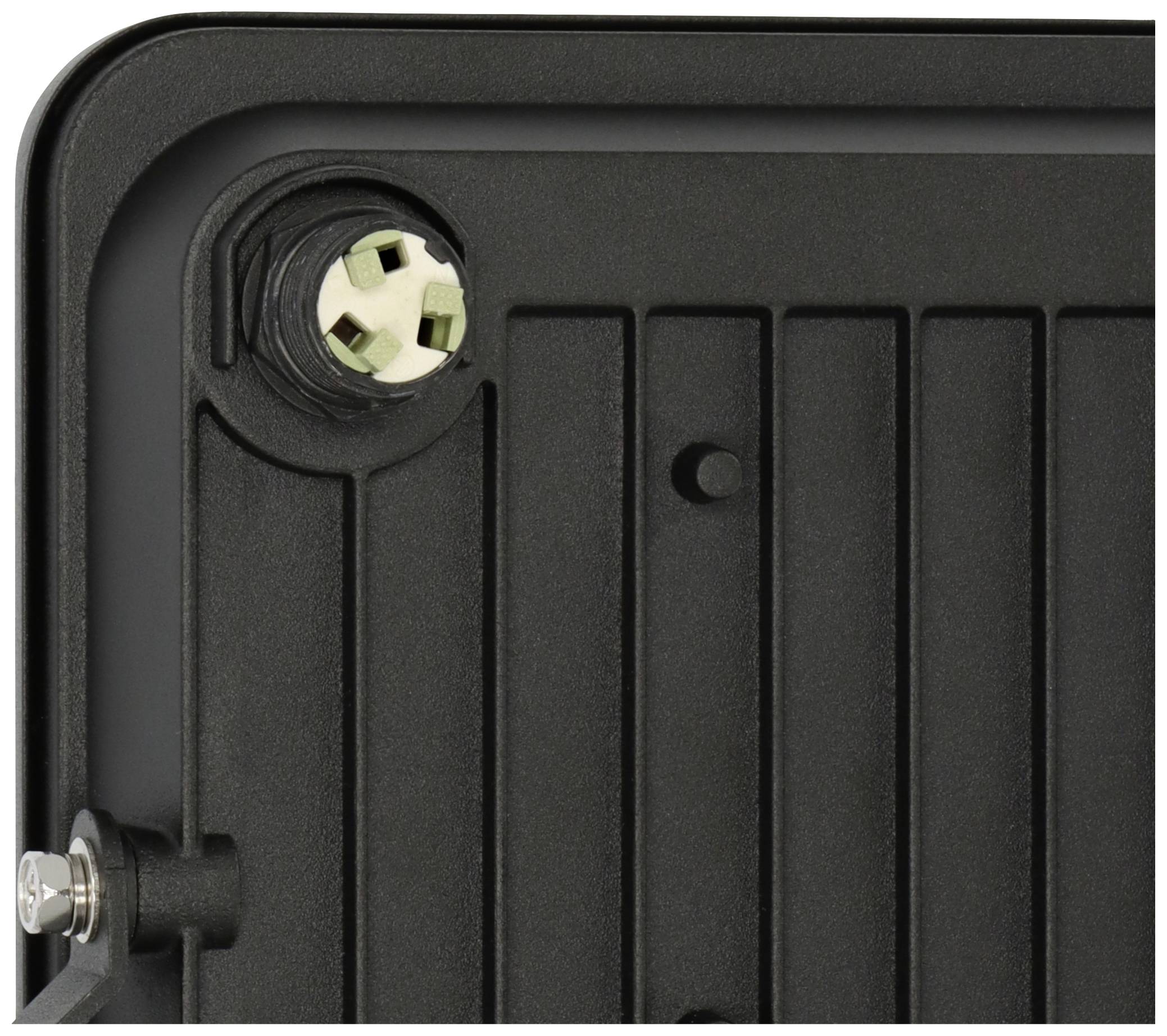 Ein schwarzes Metallgehäuse mit einer Steckverbindung in der oberen linken Ecke.
