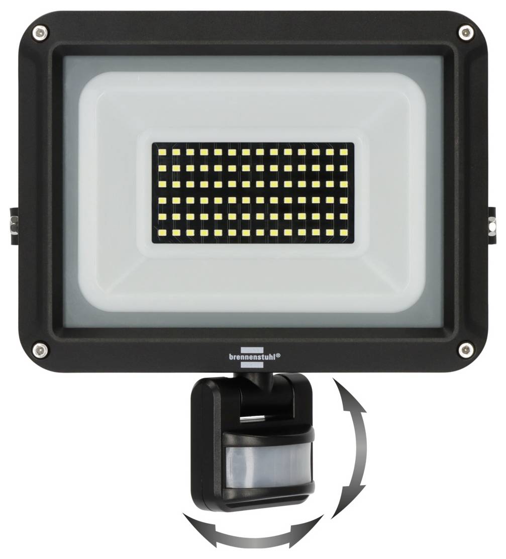 LED-Flutlicht mit Bewegungsmelder darunter, dargestellt mit gekrümmten Pfeilen, die neigbar und schwenkbar anzeigen.