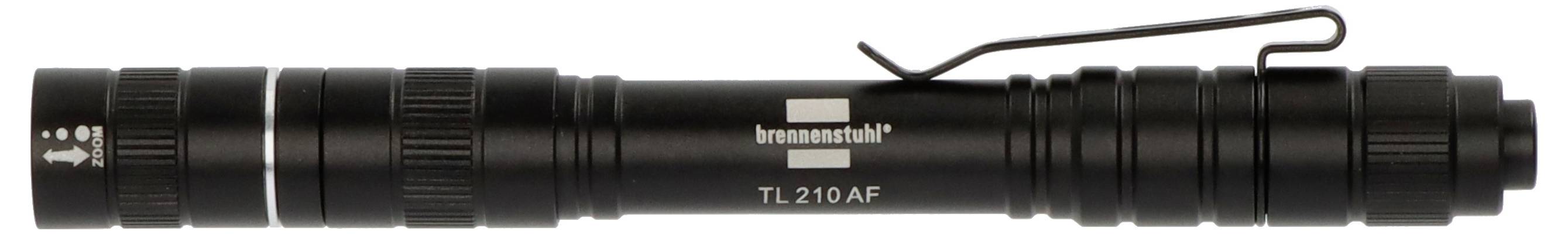 Schwarze Taktische Taschenlampe mit Clip und Schlaufe, gekennzeichnet als 'brennenstuhl TL 210 AF'.