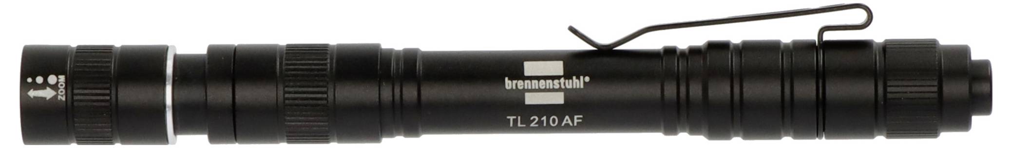 Schwarze Brennenstuhl TL 210 AF Taschenlampe mit Clips am Gehäuse und einem Handriemen am Ende befestigt.