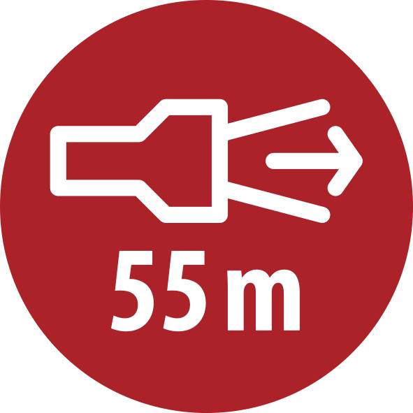 Rotes Straßenschild in Kreisform mit einem nach rechts zeigenden Umleitungspfeil und der Entfernungsangabe „55 m".