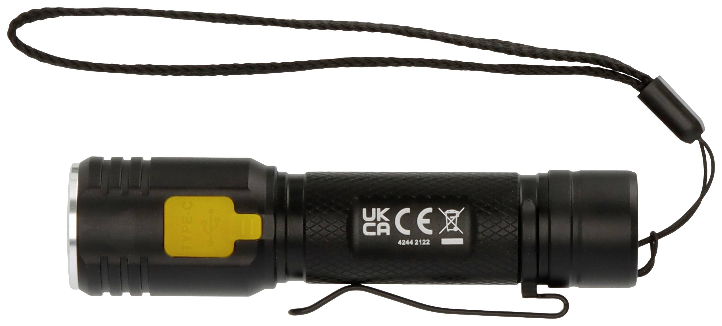 Schwarze Taschenlampe mit Trageschlaufe, CE- und UKCA-Zertifizierung. Der Knopf ist gelb.
