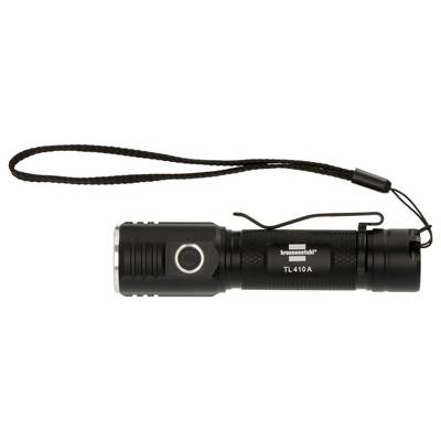 Schwarze Brezzor TL410A Taschenlampe mit Handgelenkschlaufe auf weißem Hintergrund abgebildet.