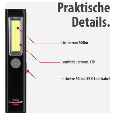 Schwarze USB-C-Arbeitsleuchte mit 'Praktische Details': Lichtstrom 200 lm, Leuchtdauer max. 12 h, inklusive 60 cm USB-C-Ladekabel.<br>