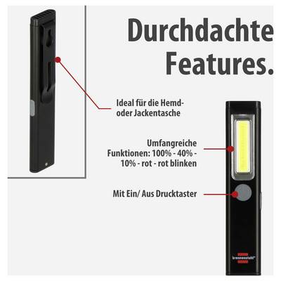 Werbegrafik einer schwarzen LED-Stablampe mit Clip; nennt 'Durchdachte Features', ideal für Hemd- oder Jackentasche, 100%/40%/10%/rot-blinken und Ein/Aus-Drucktaster.