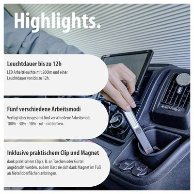 Werbeabbildung einer LED-Arbeitsleuchte im Auto: 200 Lumen, Leuchtdauer bis zu 12h, fünf Modi sowie Clip und Magnet zur Befestigung.