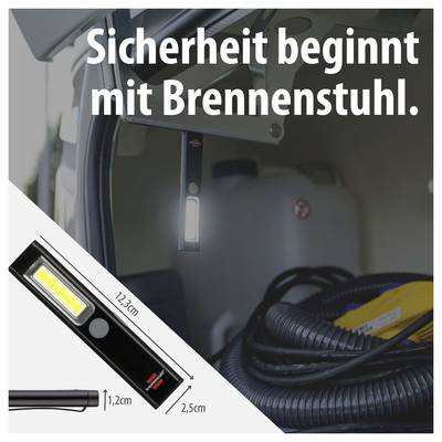 Werbebild mit Taschenlampe für den Kofferraum; Text: 'Sicherheit beginnt mit Brennenstuhl.' sowie Maßangaben 12,3 cm, 1,2 cm und 2,5 cm.
