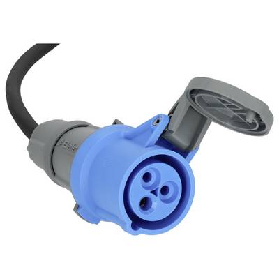 Blauer und grauer industrieller Elektrostecker mit schwarzem Kabel und aufklappbarer Schutzkappe, auf weißem Hintergrund abgebildet.