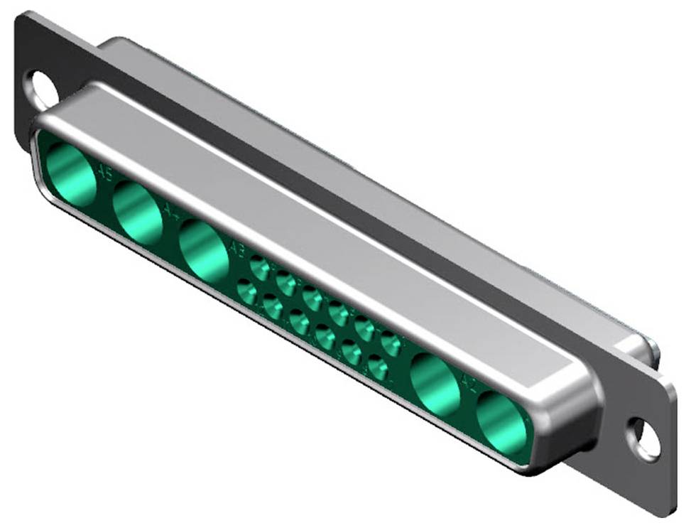 Eine Nahaufnahme einer Illustration eines DB-15-Steckers, der seine Stifte hervorhebt, die für die Übertragung von analogem Audio und Video verwendet werden, in Grün dargestellt.