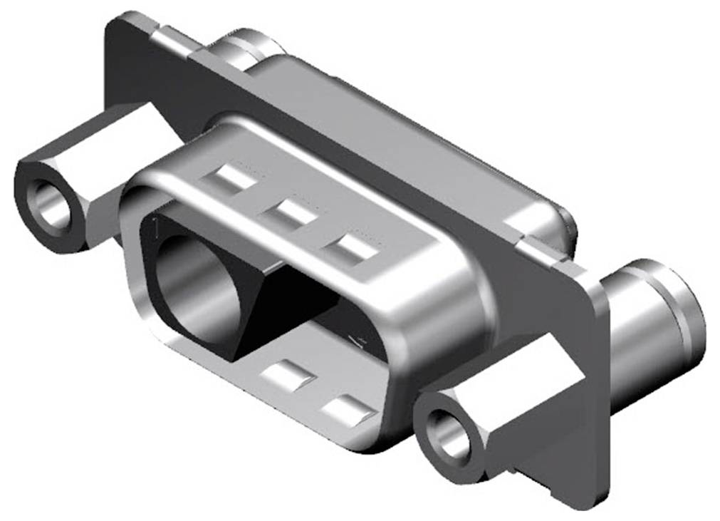 Eine 3D-Darstellung eines rechteckigen Metallverbinders mit mehreren Stiften und Befestigungsflanischen auf beiden Seiten, Schrägansicht.