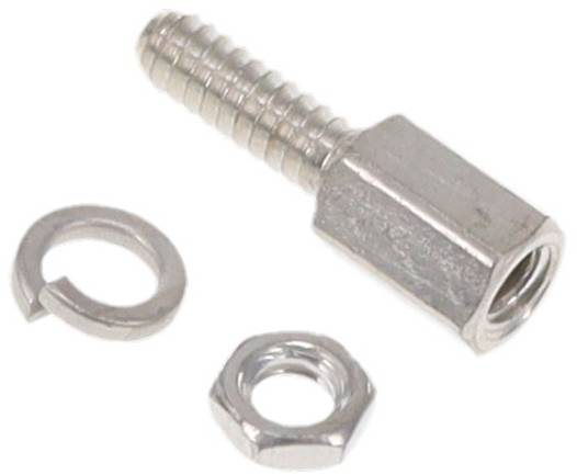 Ein Metall-Kippschalter mit einer roten Basis, gezeigt mit zugehörigem Montagezubehör einschließlich Unterlegscheiben und einer Mutter.
