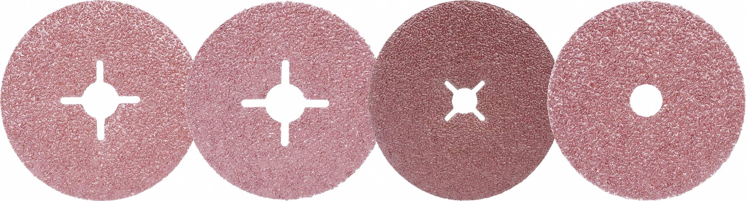 Vier runde Schleifscheiben in verschiedenen Rot- und Rosa-Tönen, jede mit einzigartigen Schlitzen oder Löchern in der Mitte.