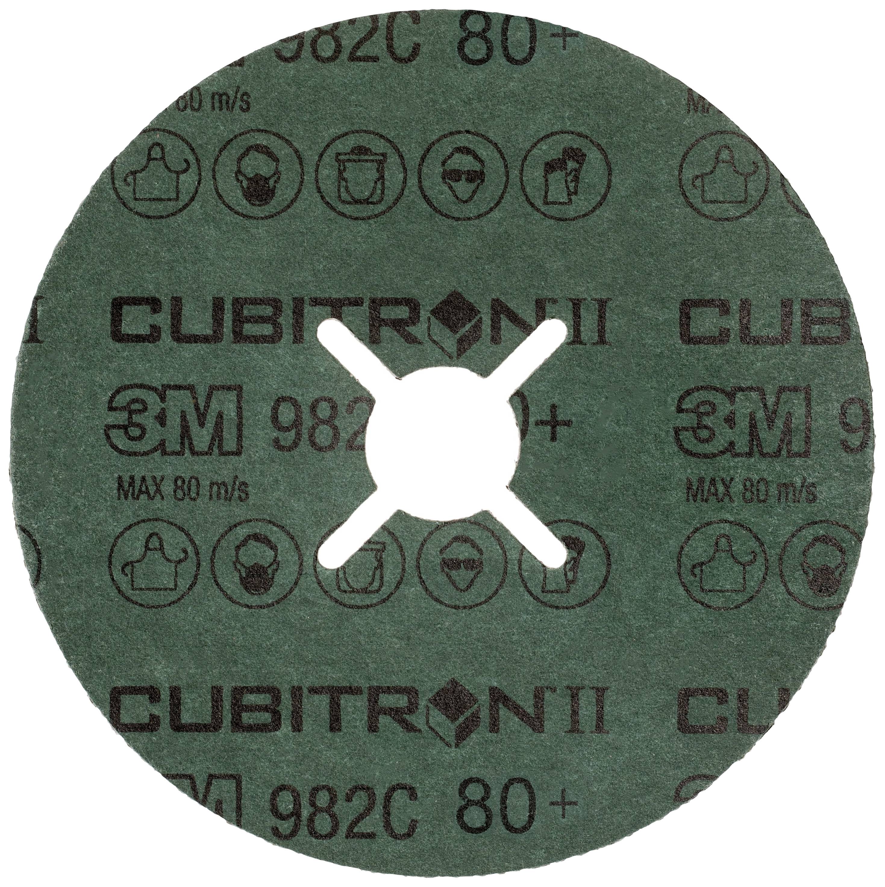 Grün-schwarze Schleifscheibe mit der Aufschrift 'CUBITRON II 3M 982C 80+' und Piktogrammen für Schutzmaßnahmen wie Handschuhe und Brille.