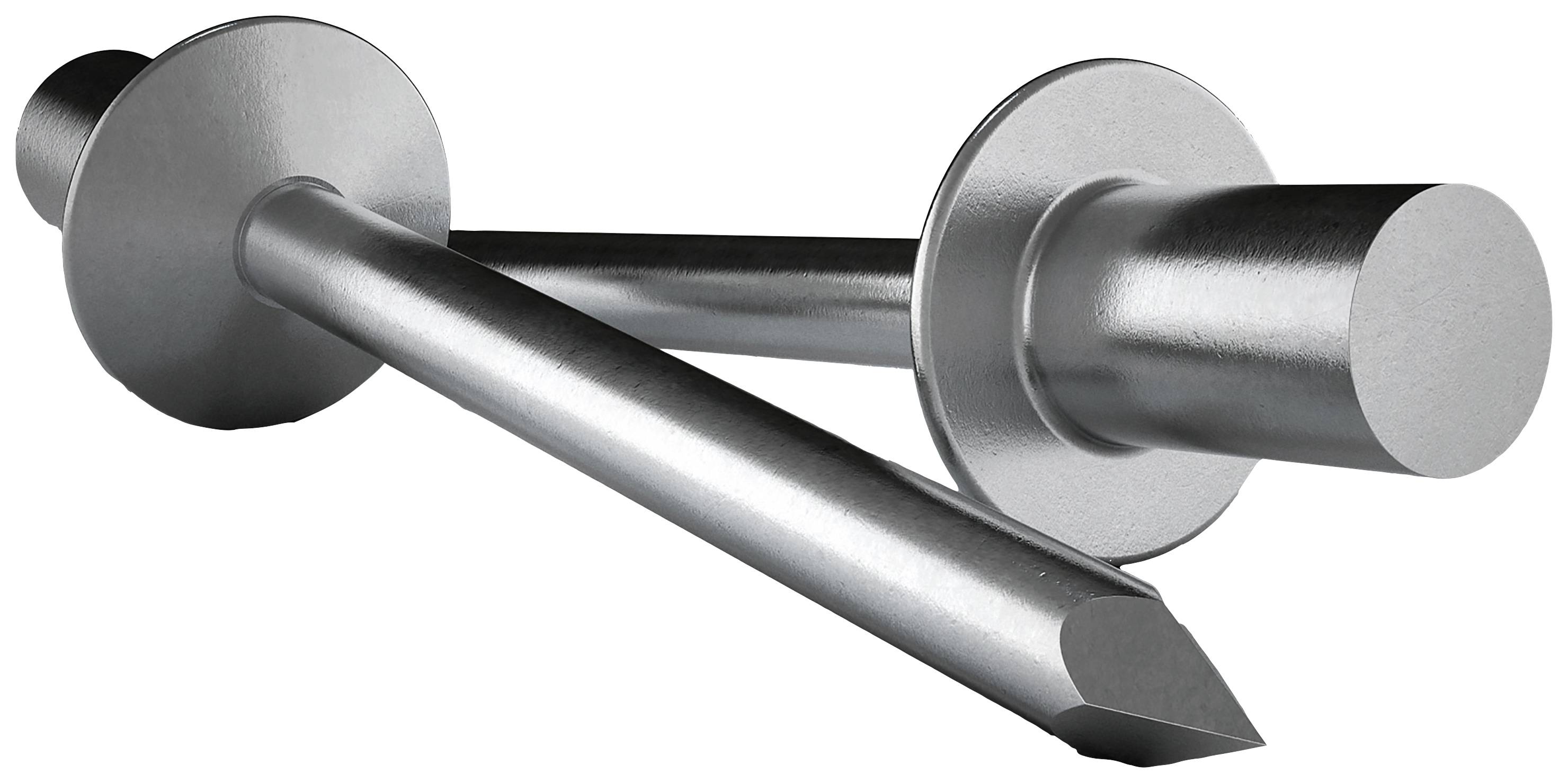 Zwei silberne Metallstangen mit abgeflachten Spitzen, überkreuzt liegend. Glänzende Oberfläche, deutliche Kanten und Kreisränder.