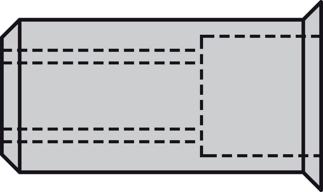 Diagramm eines Papier-Umschlagfaltschemas mit gestrichelten und durchgehenden Linien zur Kennzeichnung der Faltkanten und Laschen.
