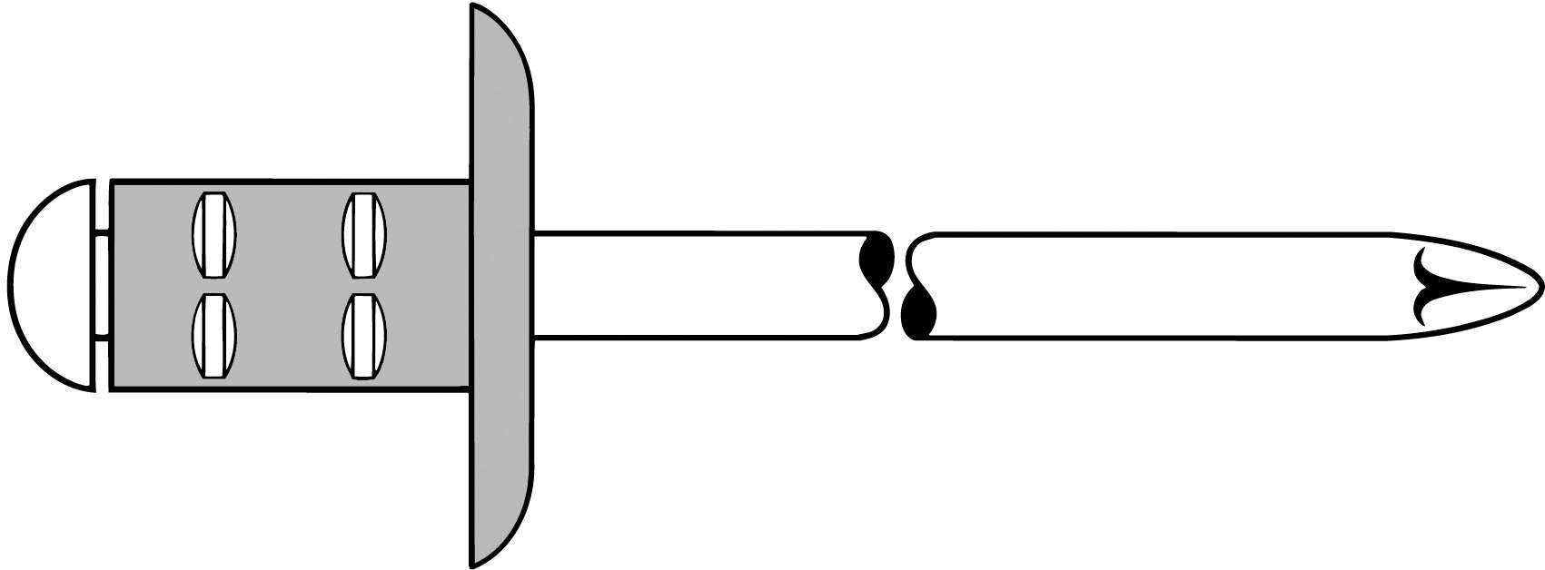 Eine technische Zeichnung eines Hohlnietes mit Schaft, Kopf und Hülse. Zeigt eine seitliche Ansicht mit Details der Konstruktion.