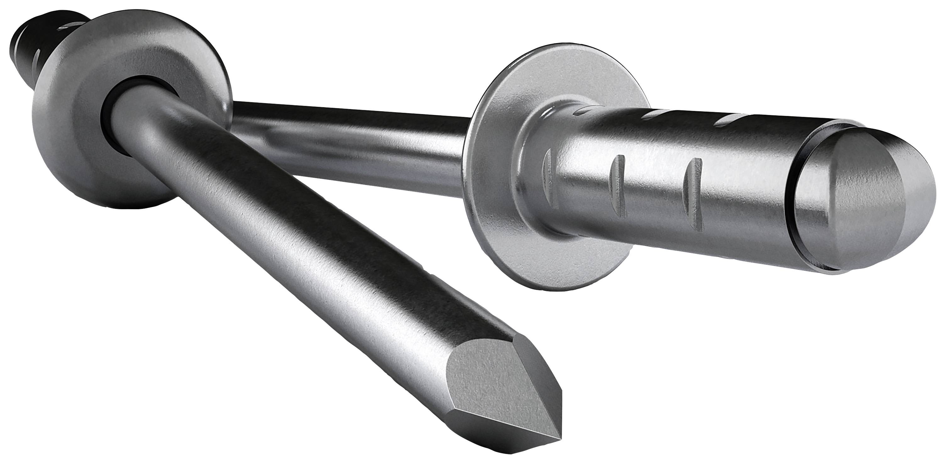 Zwei graue Spreizdübel aus Metall, der vordere mit spitzer Spitze und der hintere mit flacher Kopfplatte, auf weißem Hintergrund.