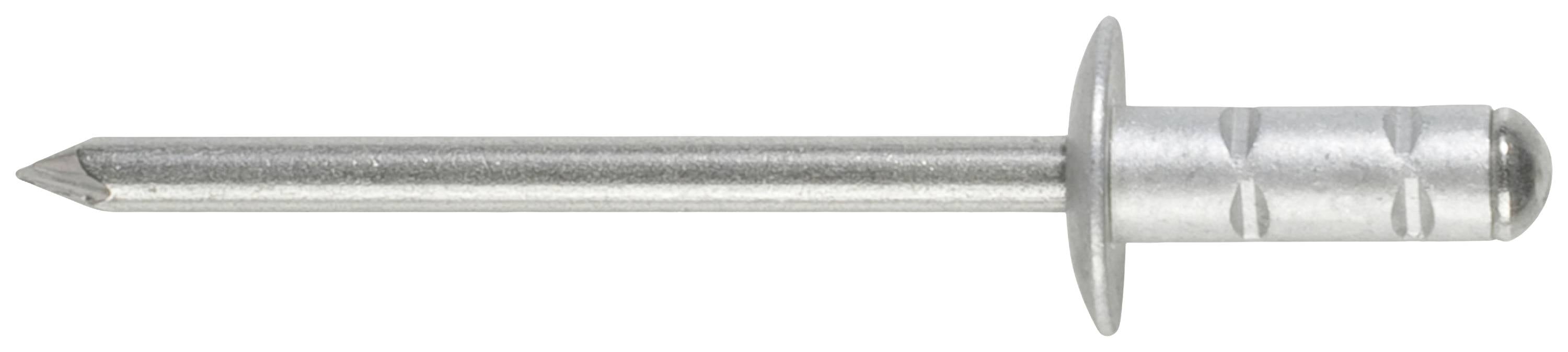 Ein silberner Blindniet mit flachem Kopf und geriffeltem Schaft, auf weißem Hintergrund.