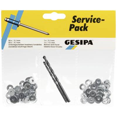 'Service-Pack' enthält Unterlegscheiben und Bohrer. Drei Fächer: zwei mit Unterlegscheiben, eins mit Bohrer. Marke: Gesipa.