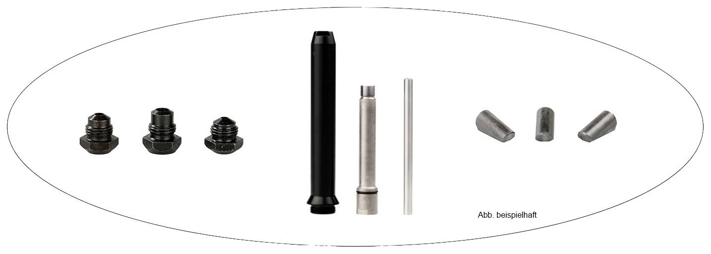 Ein Set verschiedener Metallteile: drei schwarze Schraubenköpfe, eine schwarze und eine silberne zylindrische Stange, zwei kegelförmige Endstücke.