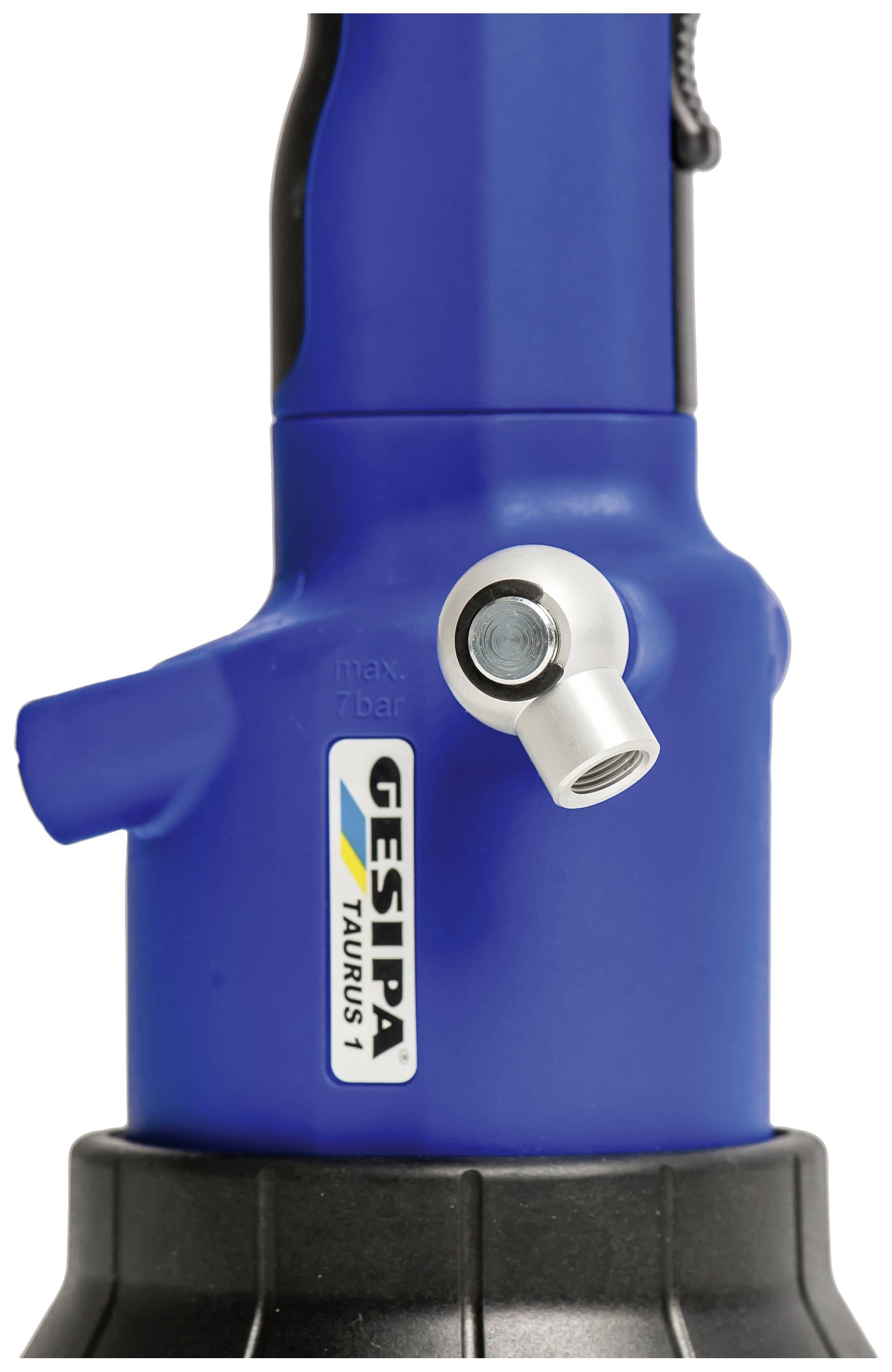 Eine blaue, zylindrische Maschine mit der Aufschrift 'Gesipa Taurus 1' und einem abgewinkelten Rohranschluss oben.