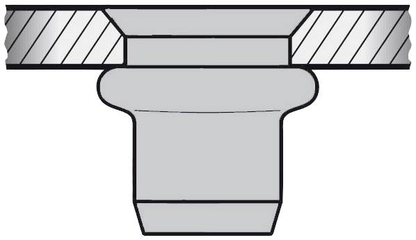 Querschnitt einer mechanischen Verbindung: Oberer Element mit Rillen passt in ein tragendes Bauteil darunter, gesichert durch Anpassung.