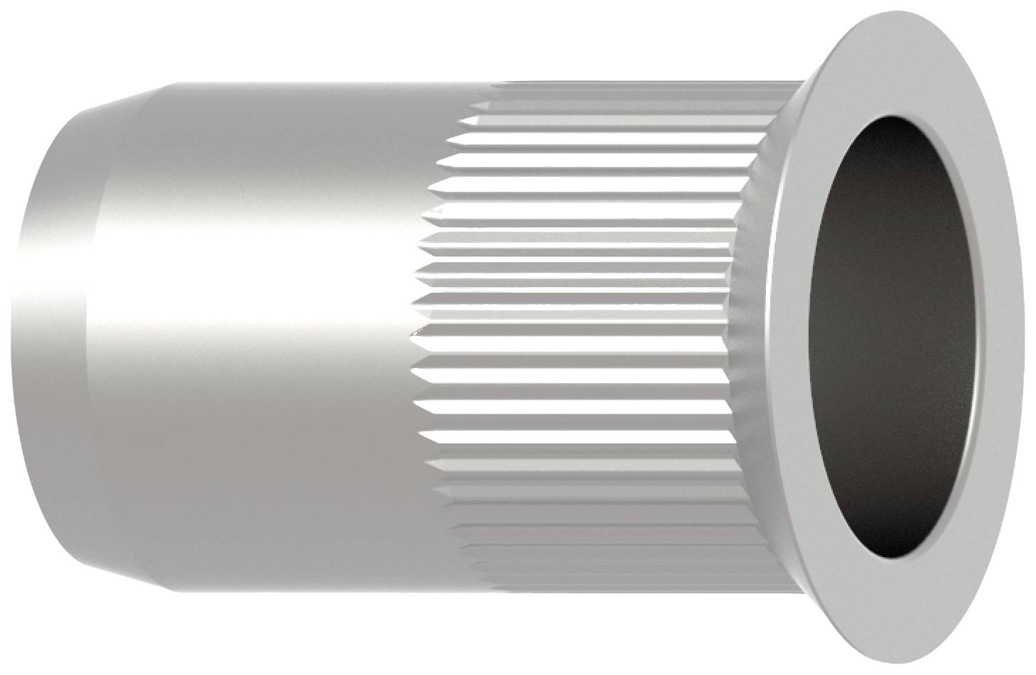Metallene Rändelmutter, zylindrisch mit gerändeltem Mittelteil, Hohlraum innen. Verwendet zur Befestigung durch Verpressen.