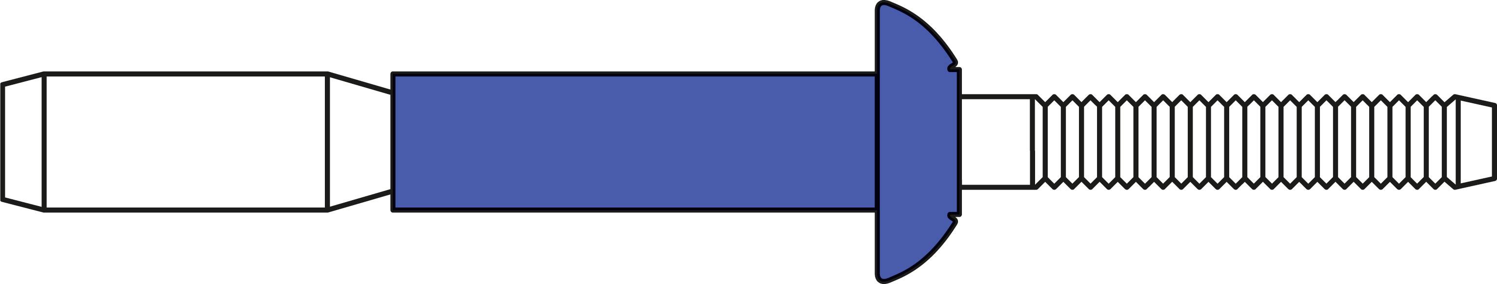 Querschnitt eines Nietelements mit blauem Körper und Gewinde auf der rechten Seite. Veranschaulicht die Struktur eines Blindnietes.