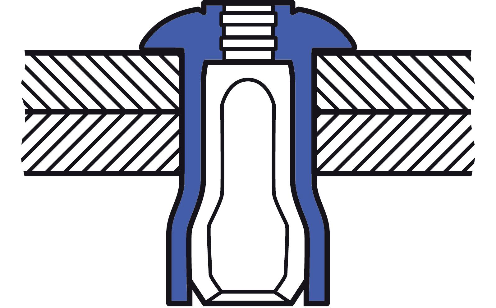 Eine Querschnittszeichnung eines Schraubverbinders, der zwei Bleche miteinander verbindet. Zeigt die Verschraubung und Gewindesicherung.