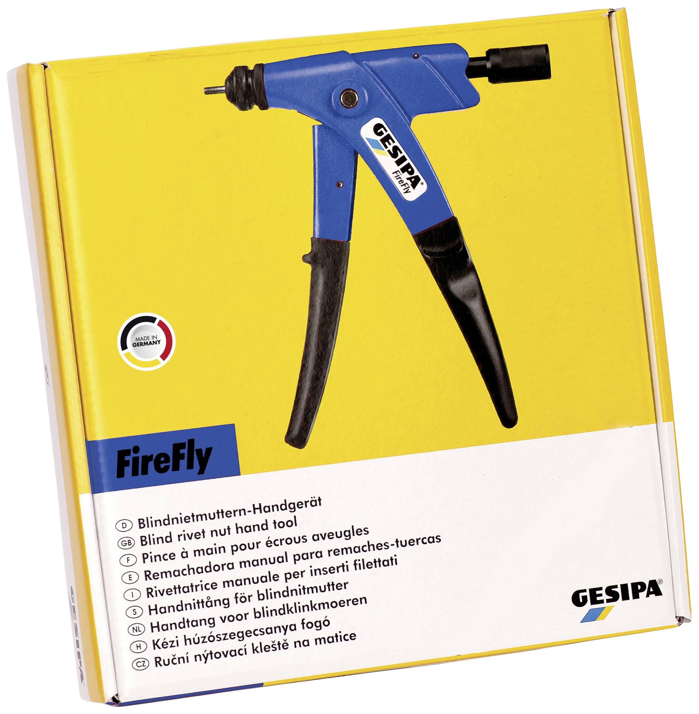 Verpackung eines 'FireFly' Blindnietmutter-Handgeräts von GESIPA, blau-schwarz, auf gelbem Hintergrund. Enthält Beschreibungen in mehreren Sprachen.