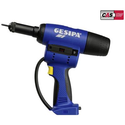 Ein blauer, kabelloser Nietsetzgerät mit einem digitalen Display und ergonomischem Griff, firmiert mit der Marke 'Gesipa'.