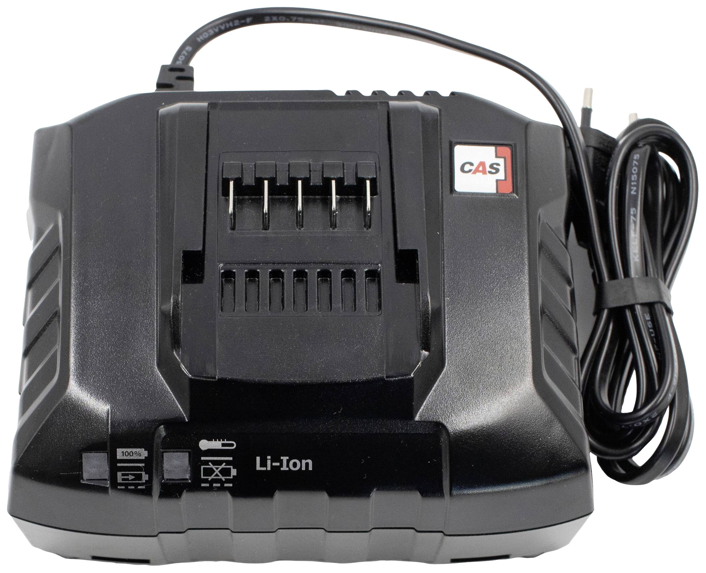 Schwarzes CAS Li-Ion Ladegerät mit Kabel, zeigt Ladeanzeige und Symbol für Li-Ion.