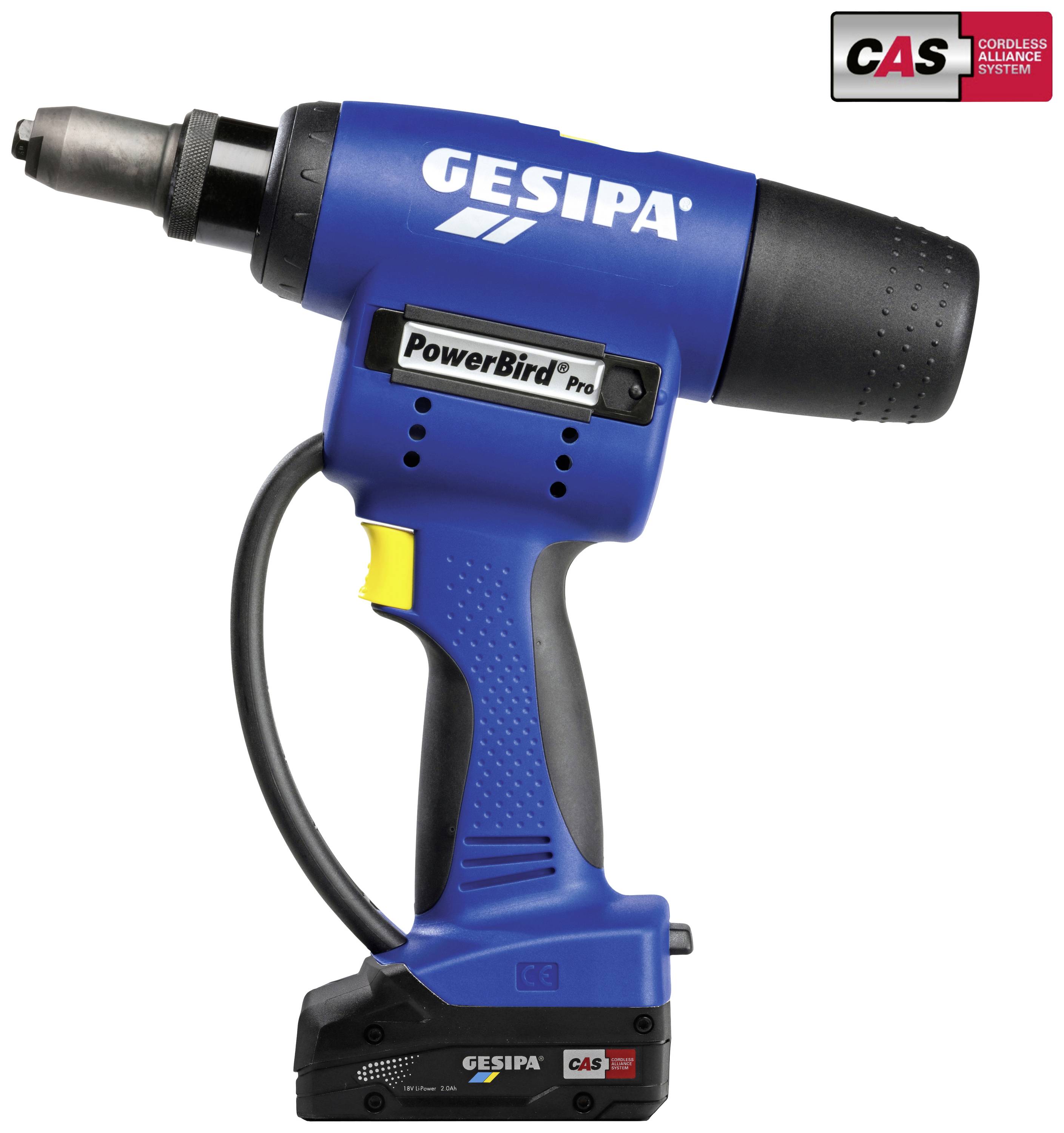 Elektrisches Nietwerkzeug in Blau mit der Aufschrift 'GESIPA PowerBird Pro', abgebildet mit CAS (Cordless Alliance System) Logo.